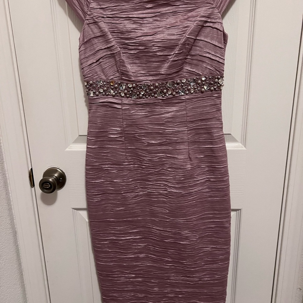 Eliza J Pink Ruched Embellished Sheath Dress and pink velvet sandal heels.